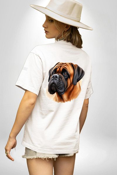 Angemiel تي شيرت Bullmastiff Dog Love أبيض كبير الحجم للنساء والرجال مطبوع من الأمام والظهر
