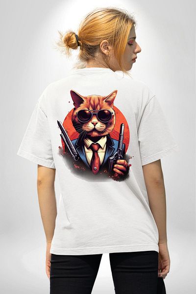 Angemiel تي شيرت مافيا ستايل مع نظارات Gangster Cat أبيض كبير الحجم للنساء والرجال مطبوع من الأمام والخلف