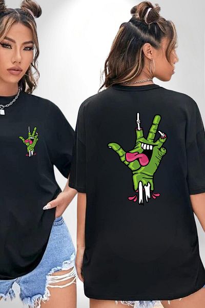 Angemiel Zombie Hand Screaming Hand Black Oversize Women's Men's Front and Back Printed T-Shirt