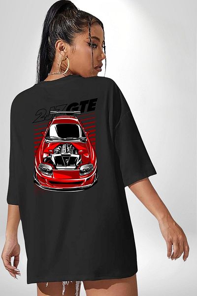 Angemiel Car Design Black Oversize Women Men Front and Back Printed T-Shirt for Motorsport Enthusiasts