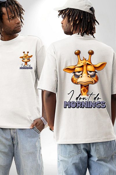 Angemiel Giraffe Who Doesn'T Like Mornings Sleepy White Oversize Women's Men's Front and Back Printed T-Shirt