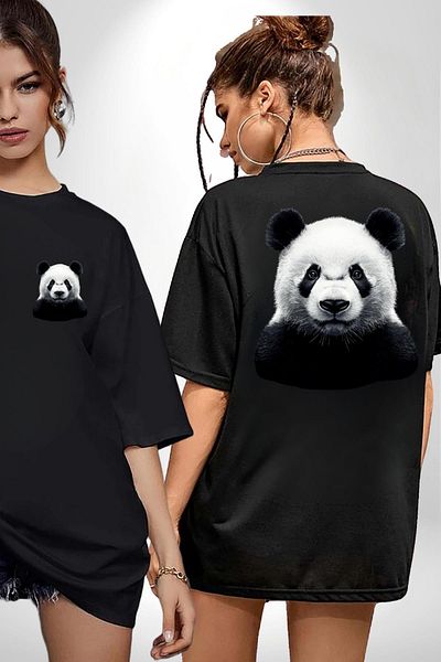 Angemiel Black White Panda Black Oversize Women's Men's Front and Back Printed T-Shirt