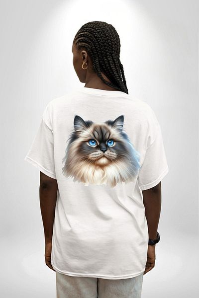 Angemiel تي شيرت مطبوع من الأمام والظهر للنساء والرجال باللون الأبيض من Himalayan Cat