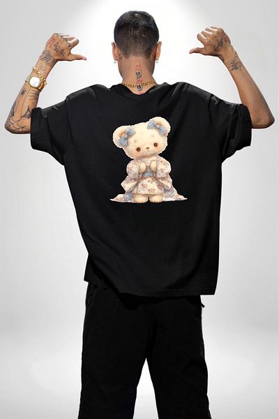 Angemiel Floral Blue Dress Teddy Bear Black Oversize Women's Men's Front and Back Printed T-Shirt