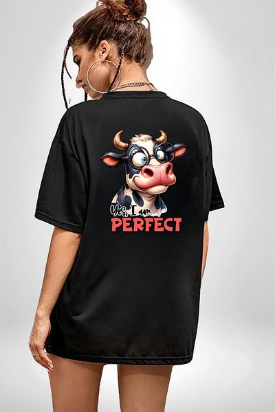 Angemiel Fun Cow Pattern Black Oversize Women's Men's Front and Back Printed T-Shirt