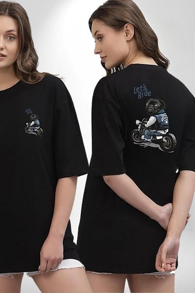 Angemiel Motorcycle Pug Let's Ride! Black Oversize Women's Men's Front and Back Printed T-Shirt