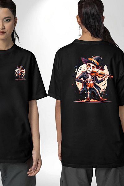 Angemiel Violin Playing Skeleton Witch Hat Skull Black Oversize Women Men Front and Back Printed T-Shirt