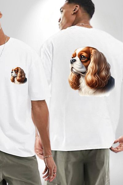 Angemiel Cavalier King Charles Spaniel Dog Design White Oversize Women's Men's Front and Back Printed T-Shirt