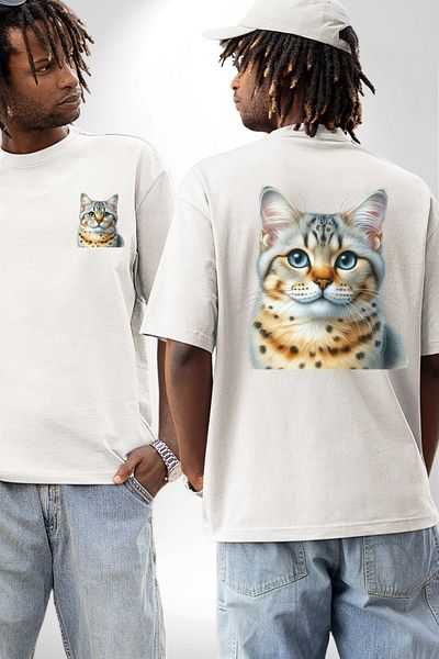 Angemiel Bengal Cat White Oversize Women's Men's Front and Back Printed T-Shirt