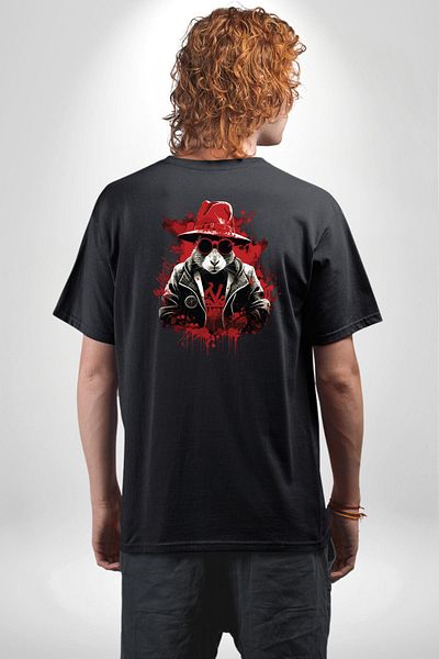 Angemiel Red Hat Rebel Rabbit Black Oversize Women's Men's Front and Back Printed T-Shirt