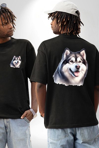 Angemiel Alaskan Malamute Dog Design Black Oversize Women's Men's Front and Back Printed T-Shirt