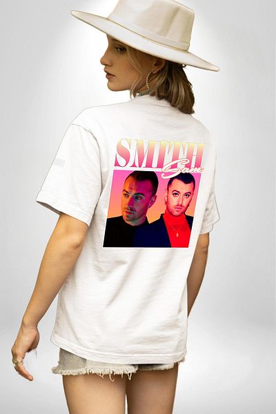 Angemiel تي شيرت Sam Smith Music أبيض كبير الحجم للنساء والرجال مطبوع من الأمام والظهر