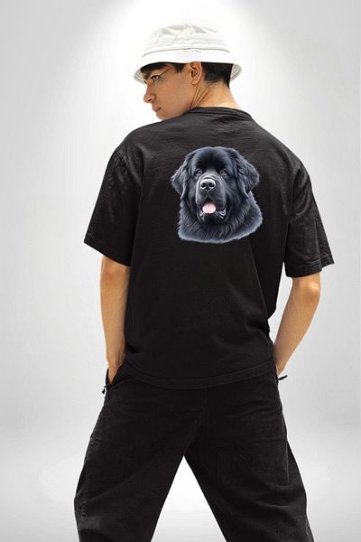 Angemiel Newfoundland Strong Water Dog Black Oversize Women's Men's Front and Back Printed T-Shirt