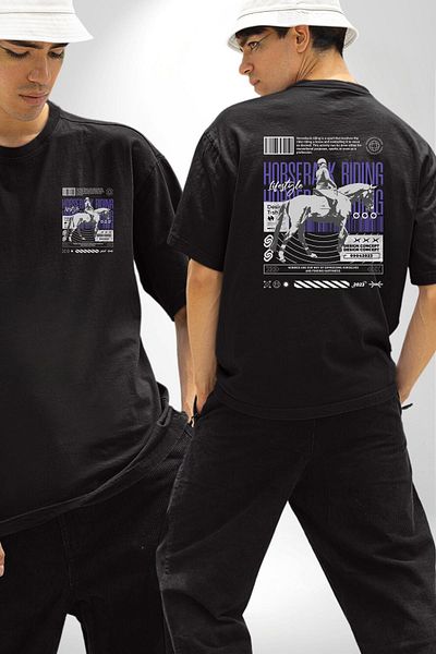 Angemiel Equestrian Lifestyle Horse Riding Black Oversize Women's Men's Front and Back Printed T-Shirt