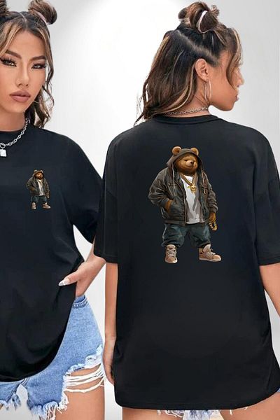 Angemiel Urban Style Hip Hop Teddy Bear Rapper Teddy Black Oversize Women Men Front and Back Printed T-Shirt
