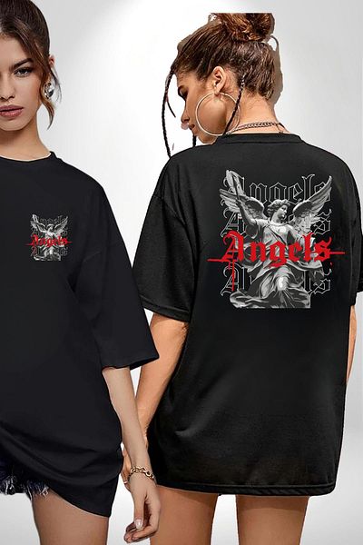 Angemiel Holy Power Legendary Angels Strong Black Oversize Women Men Front and Back Printed T-Shirt