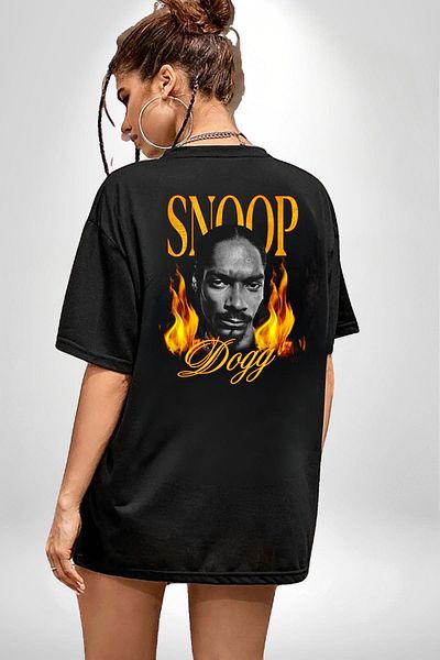 Angemiel Snoop Dogg Rap Hip-Hop 90S Black Oversize Women's Men's Front and Back Printed T-Shirt