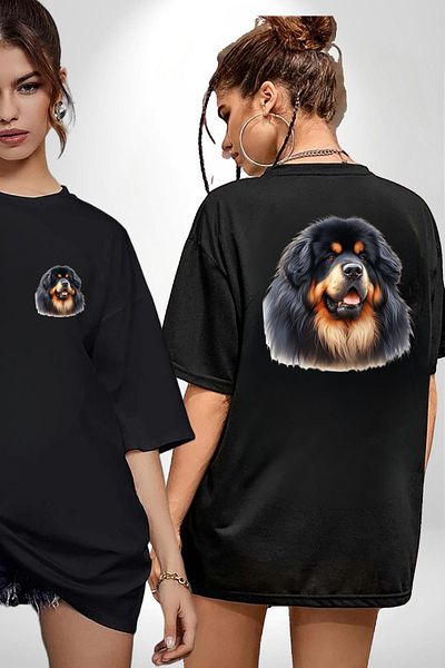 Angemiel Tibetan Mastiff Powerful Loyal Dog Black Oversize Women Men Front and Back Printed T-Shirt