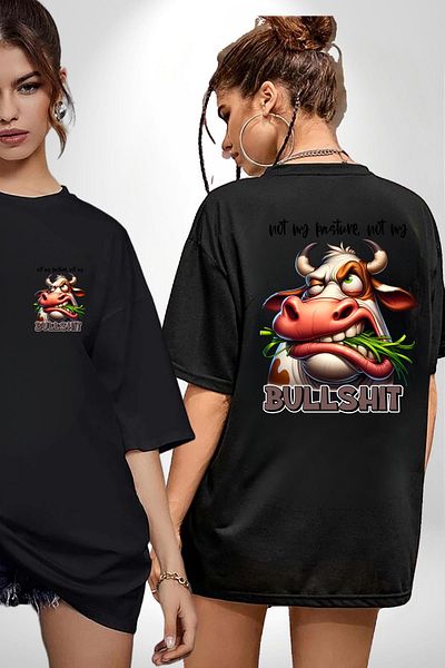 Angemiel Full of  Funny Cow Design Black Oversize Women Men Front and Back Printed T-Shirt