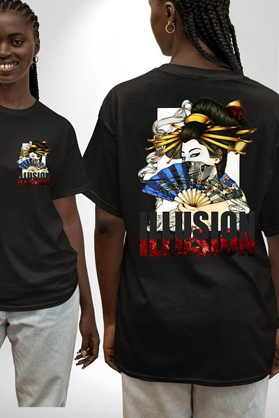 Angemiel Mysterious Geisha Illusion Black Oversize Women's Men's Front and Back Printed T-Shirt