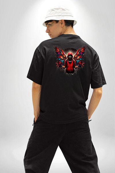 Angemiel Hip Hop Style Red Hooded Winged Men's Black Oversize Women's Men's Front and Back Printed T-Shirt