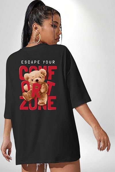 Angemiel Get Out of Comfort Zone Bear Design Black Oversize Women's Men's Front and Back Printed T-Shirt