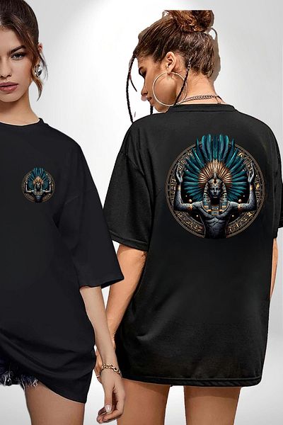 Angemiel Shu Atmosphere God Figured Egyptian Black Oversize Women's Men's Front and Back Printed T-Shirt