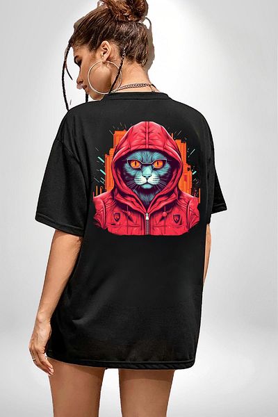 Angemiel Red Hooded Cat  Style Black Oversize Women's Men's Front and Back Printed T-Shirt