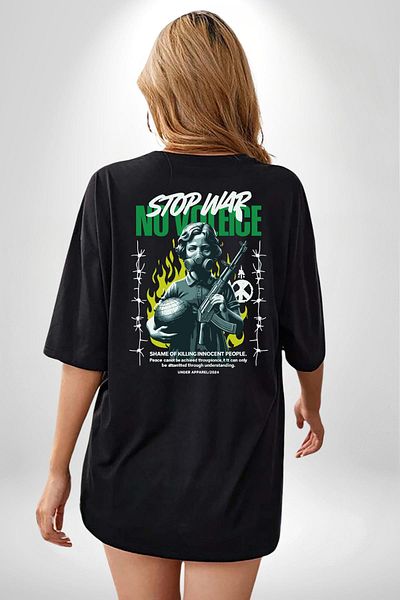 Angemiel Peace, Anti-Violence Special Design Black Oversize Women's Men's Front and Back Printed T-Shirt