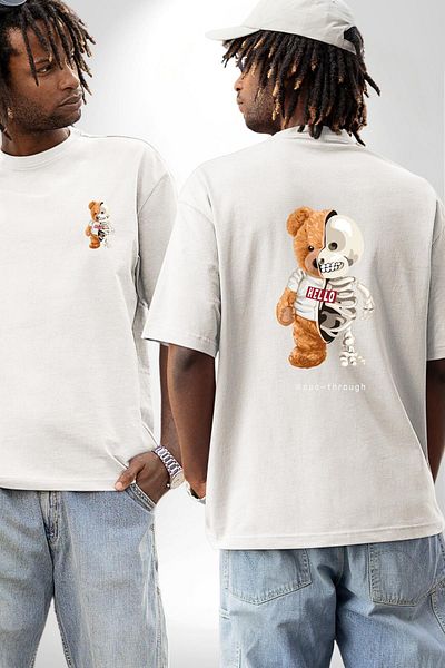 Angemiel Bear Teddy Show Your Real Face Skeleton White Oversize Women Men Front and Back Printed T-Shirt