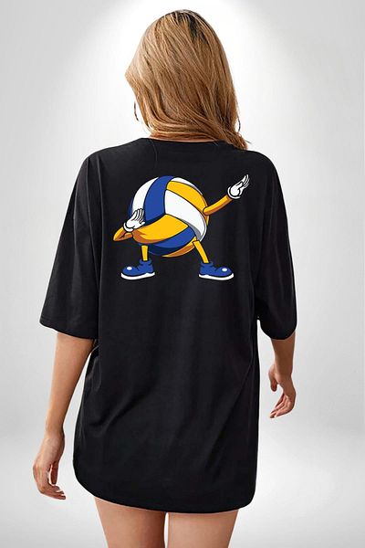 Angemiel Volleyball Ball Dabbing Black Oversize Women's Men's Front and Back Printed T-Shirt