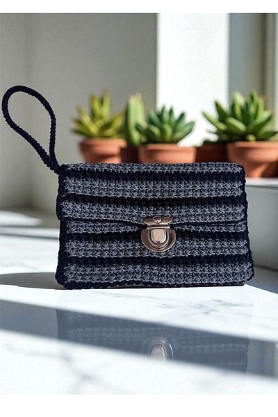 Eva & Wall-e Handmade Macrame Knitted Bag |   Gray - Black Color Bohemian Style Women's Handbag