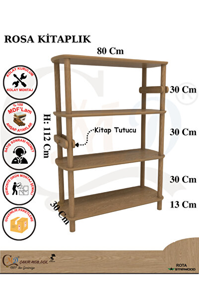 ÇMD ÇAKIR MOBİLYA DEKORASYON ROSA 4 Raflı Kitaplık – 112 cm Yükseklik – MDF Lam Gövde ve Ahşap Ayaklı – Modern & Şık Tasarım