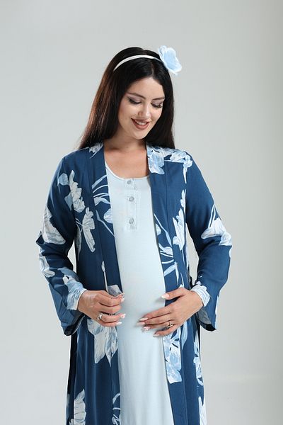 CT MODA Set de cămașă de noapte pentru maternitate, țesut din bumbac 100% de vară, cu model albastru