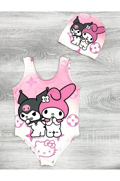 PODİUM GİYİM Trend New Season 2 Piece, Checkered, Cartoon Character Figured, Sun Protection, Baby Girl-Child Swimsuit