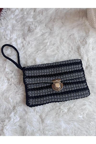 Eva & Wall-e Handmade Macrame Knitted Bag |   Gray - Black Color Bohemian Style Women's Handbag