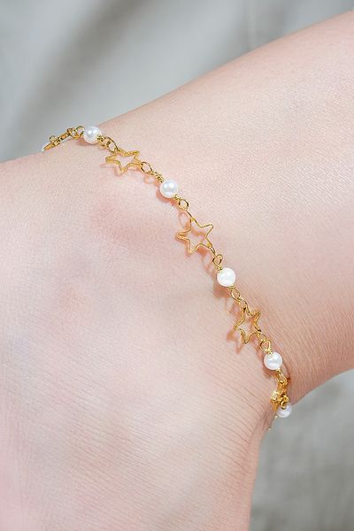 ÖZÜM TAKI Women's Star Detail Pearl Anklet Gold