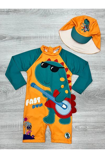 PODİUM GİYİM Trend Cute Dragon Character Printed Zippered Swimsuit- 2-Piece Sun Protection with Hat Men's Swimsuit