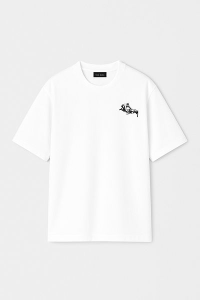 THE RULE Tricou alb unisex Stüssy Working Man, oversize, 100% bumbac, cu decolteu lat, RF0529