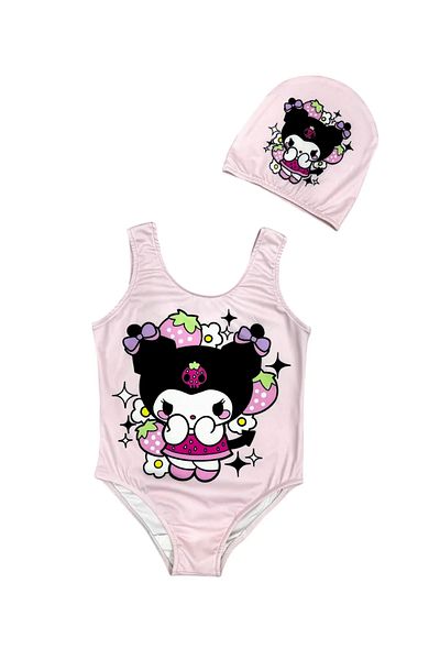 PODİUM GİYİM Trend New Season 2 Piece, Checkered, Cartoon Character Figured, Sun Protection, Baby Girl-Child Swimsuit