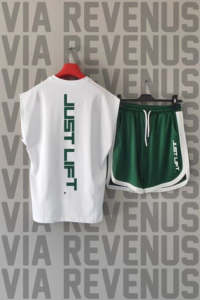Vordevia Just Lift Back Printed Zero Sleeve Sports Tshirt and Green Shorts Sports Set