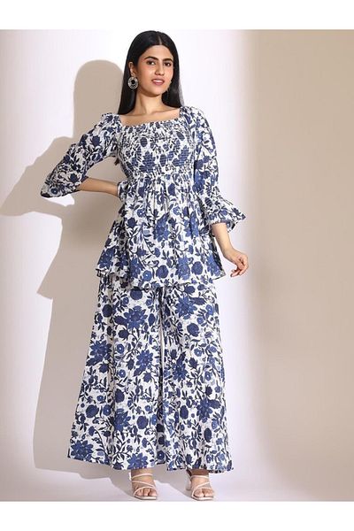 Ishin By Styli Women Floral Print Smocked Top and Pants Co-Ords