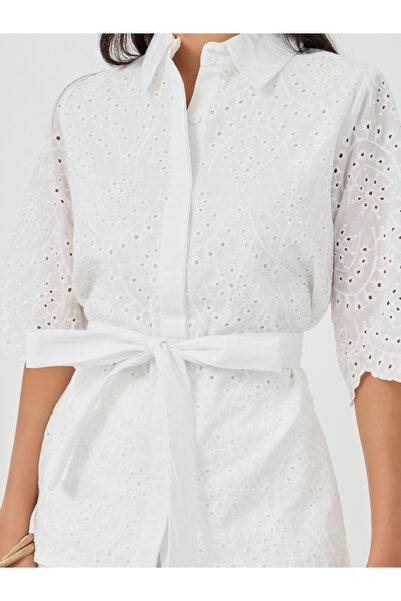 Styli Schiffli Belted Shirt and Flared Pants Co-Ords