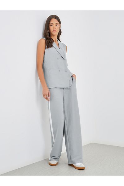 Styli Solid Shawl Collar Sleeveless Blazer and Side Stripe Straight Leg Pants Co-Ords