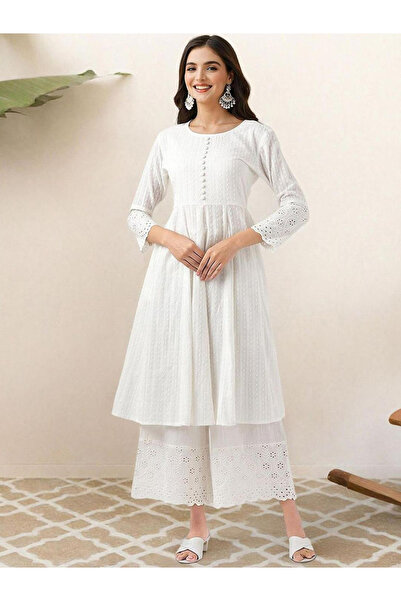 Ishin By Styli Lace Buttoned A-Line Kurta with Trousers Set