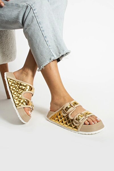 Sivarro Quilted Gold Buckle Women's Slippers – Orthopedic, Stylish, Non-Slip Sole