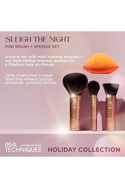 Real Techniques Sleigh The Night Mini Brush + Sponge Set 4 Piece For Liquid, Creams and Powder