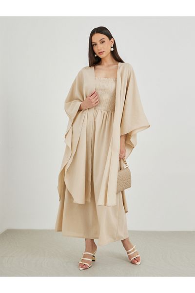 Keenly By Styli Solid Open Front Kimono with Smocking Detail Maxi Dress Set