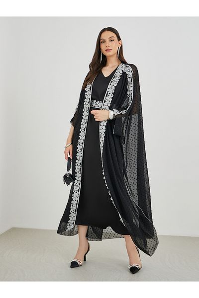 Keenly By Styli Lace Trim Open Front Kimono with Maxi Dress Set