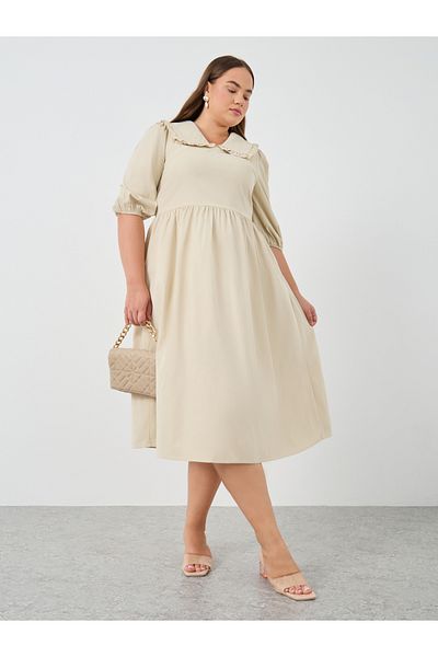 Styli Plus Size Peter Pan Balloon Sleeves A-Line Midi Dress
